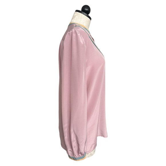 Vintage Karoline 1970's Blouse Mauve Asymetrical Pleats Green Gold Trim Fits M - Picture 2 of 11